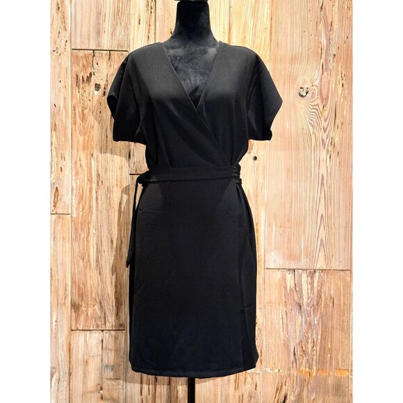 Bobeau Black V-Cut Wrap Side Tie Flutter Short Sleeve Womens Midi Dress S - Picture 1 of 5